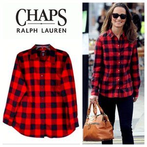 Ralph Lauren Chaps 1X 16 18 Shirt Top Blouse Button Down Buffalo Plaid Red Black